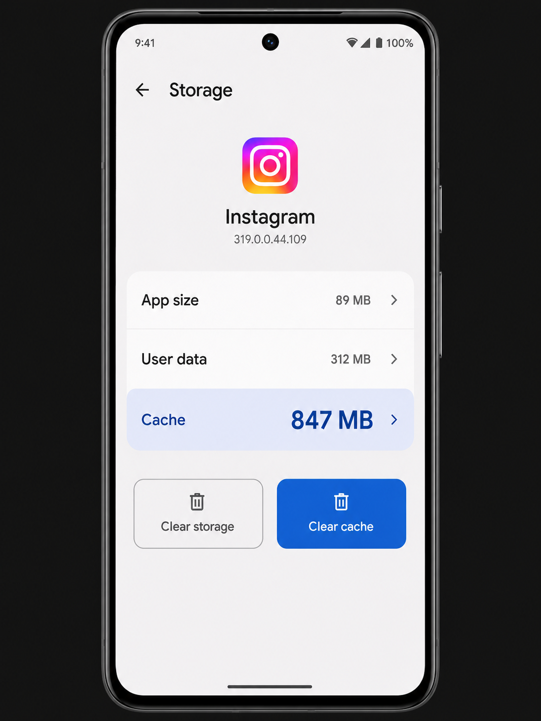 Android Settings showing an app's Storage screen with App size, User data, and Cache clearly labelled, with Clear Cache and Clear Data buttons