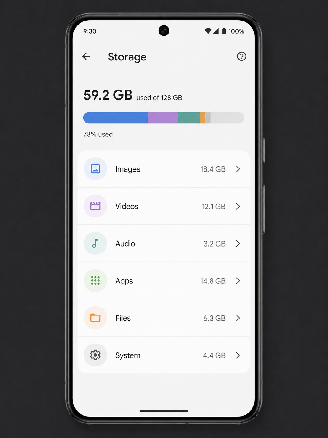Android Settings Storage screen showing a bar chart broken into Images, Videos, Audio, Apps, Files and System with total and available storage
