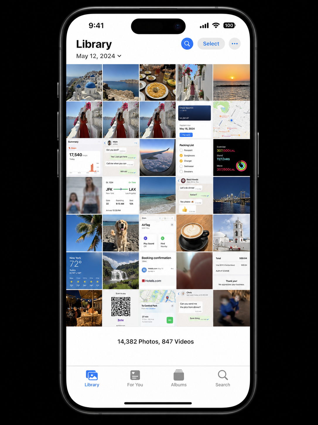 iPhone Photos app showing Camera Roll with thousands of photos including screenshots and duplicates mixed in