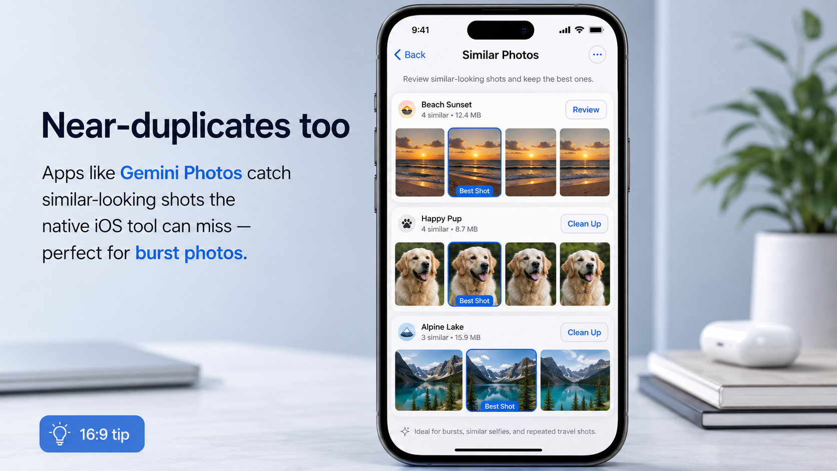 Gemini Photos app showing similar photo groups including beach sunsets, dogs, and alpine lakes with Best Shot labels