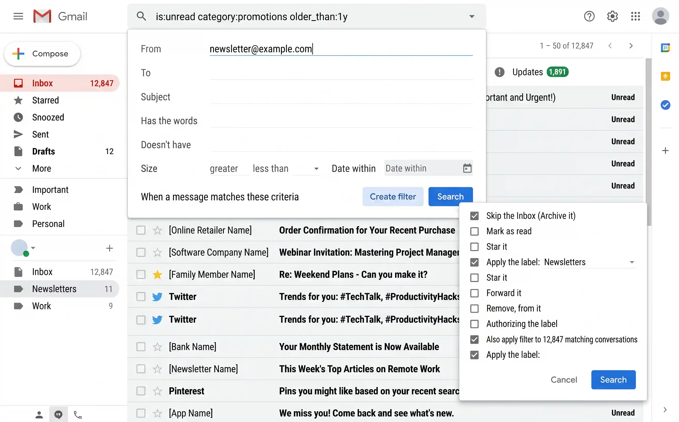 Gmail filter creation dialog showing options to skip inbox, apply label, and mark as read