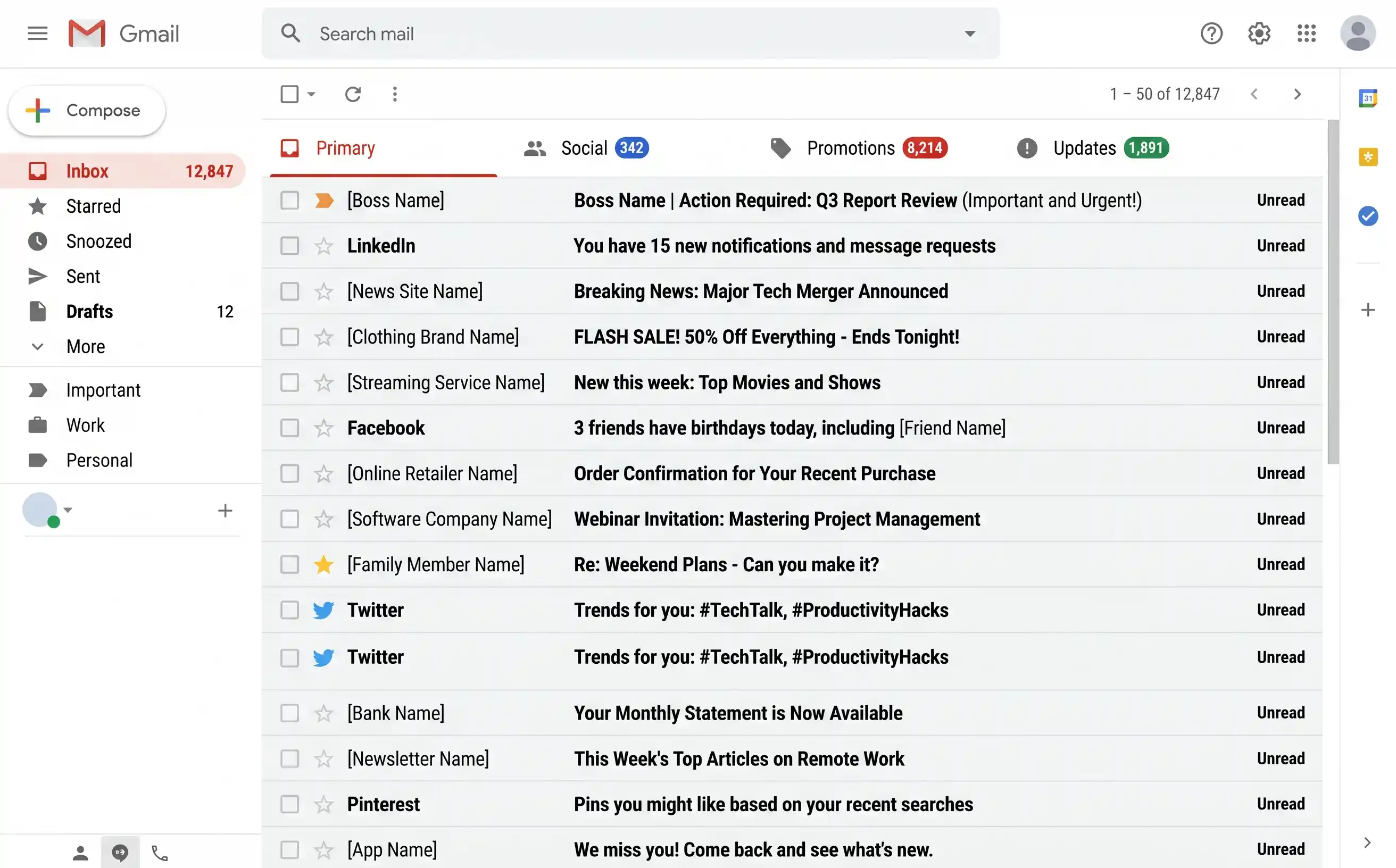 Gmail inbox showing thousands of unread emails with promotional, social, and newsletter messages piled up