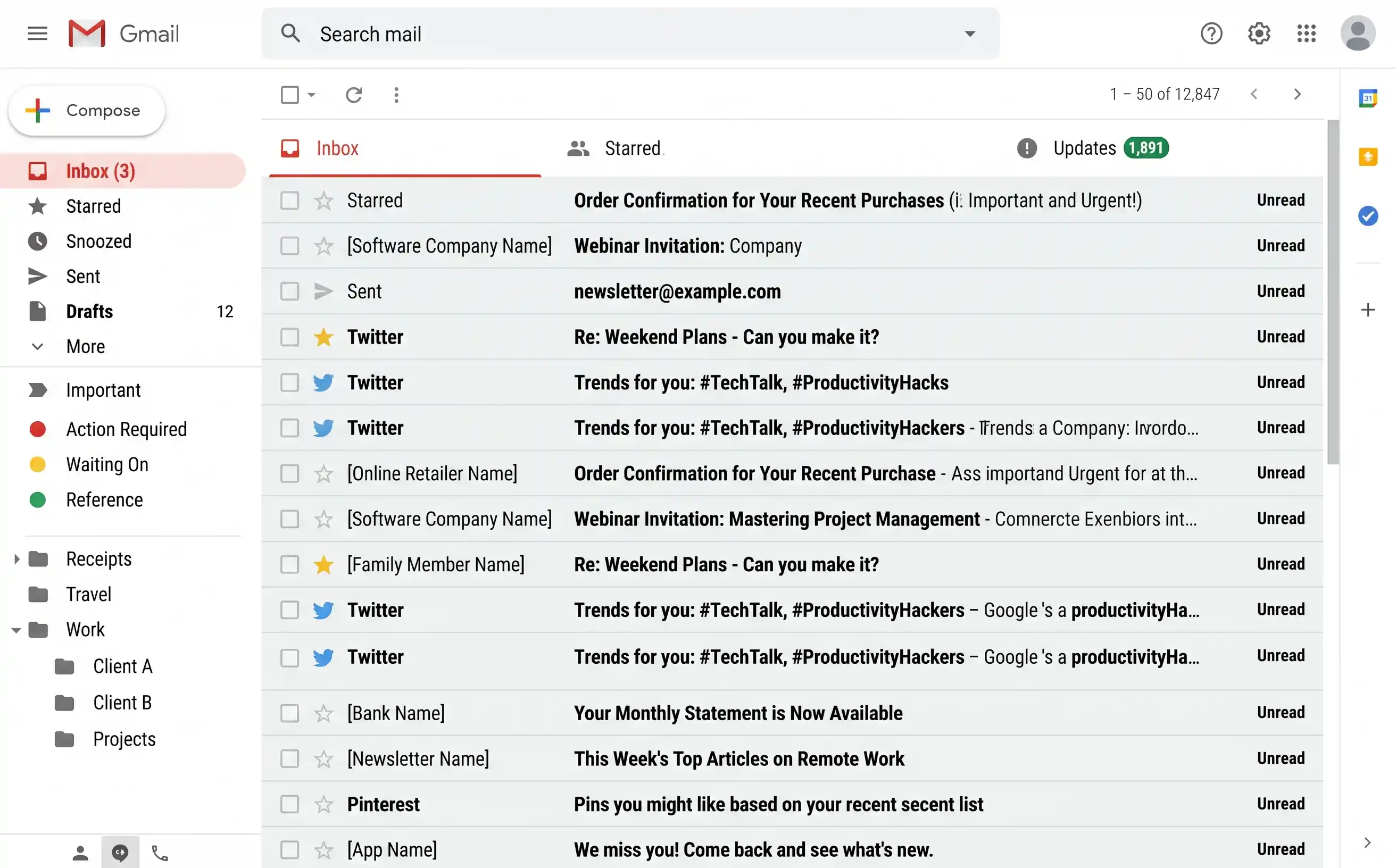 Gmail sidebar showing a clean label structure with colour-coded labels for Action Required, Waiting On, Reference, Receipts, Travel, and Newsletters