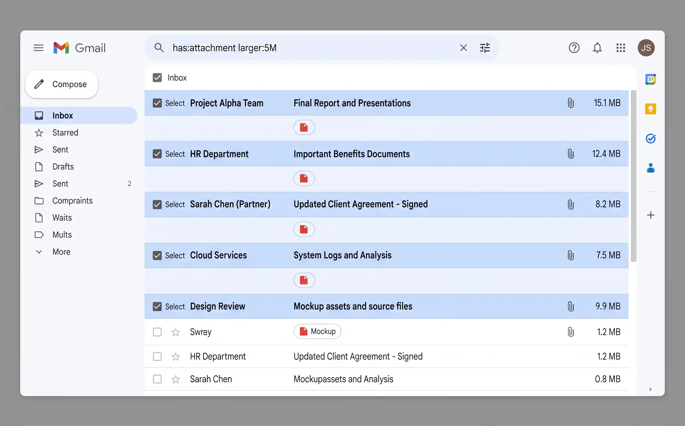Gmail search results showing emails filtered by has:attachment larger:5M, displaying large file attachments sorted for deletion