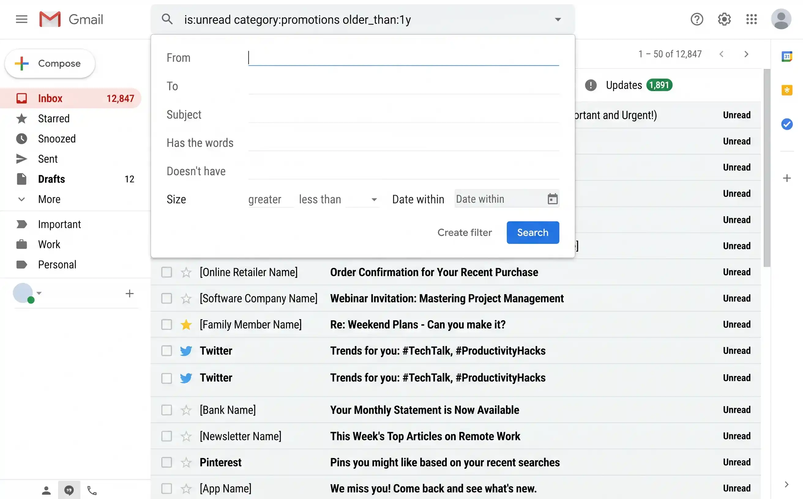 Gmail search bar showing a search operator query with results filtered to promotional emails