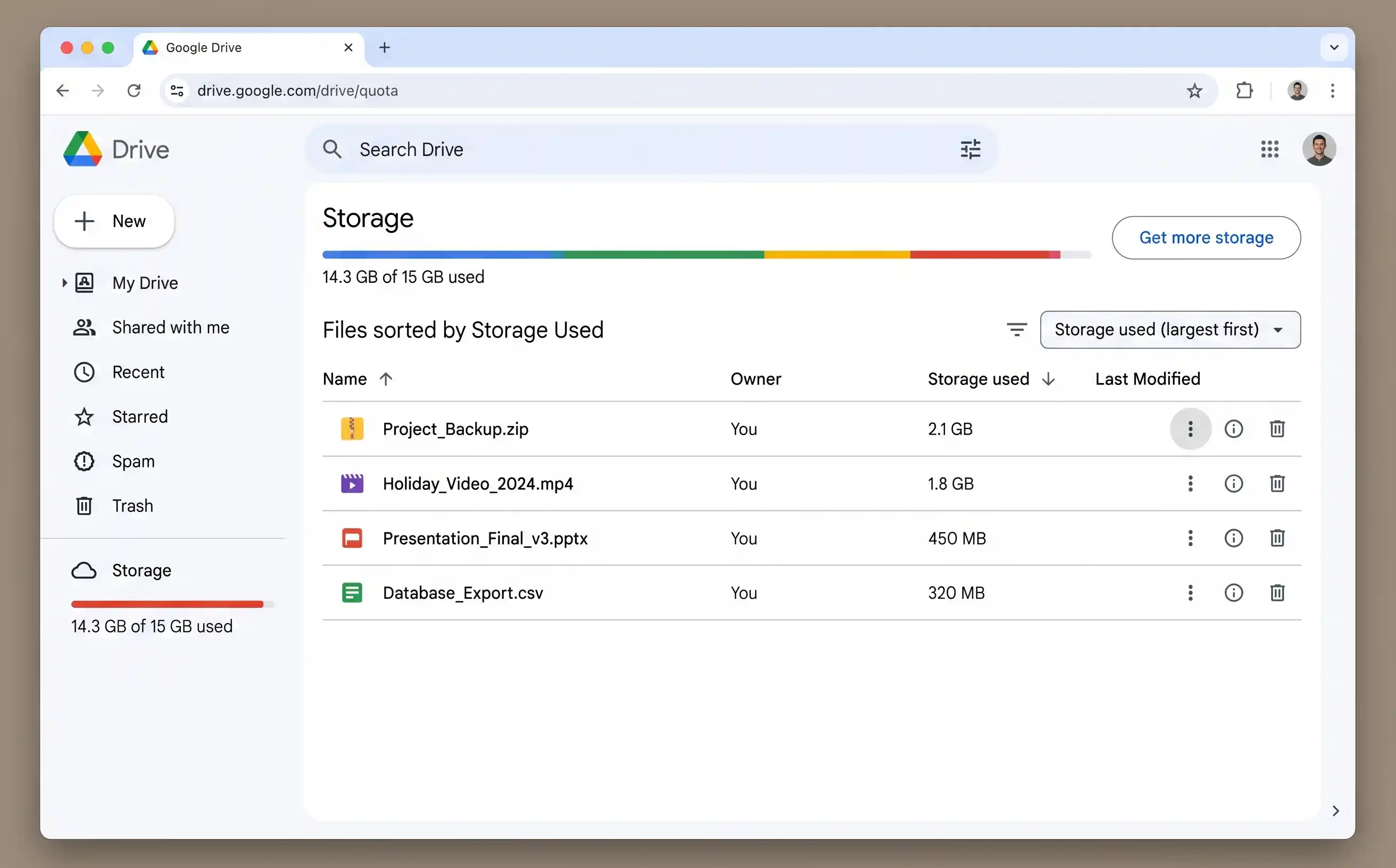 Google Drive quota page showing files sorted by size with the largest files at the top