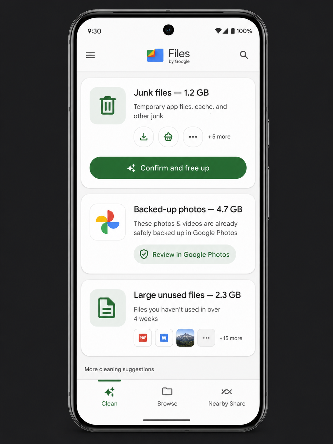Files by Google app showing the Clean tab with suggestions for junk files, backed-up photos, and large unused files with estimated storage savings