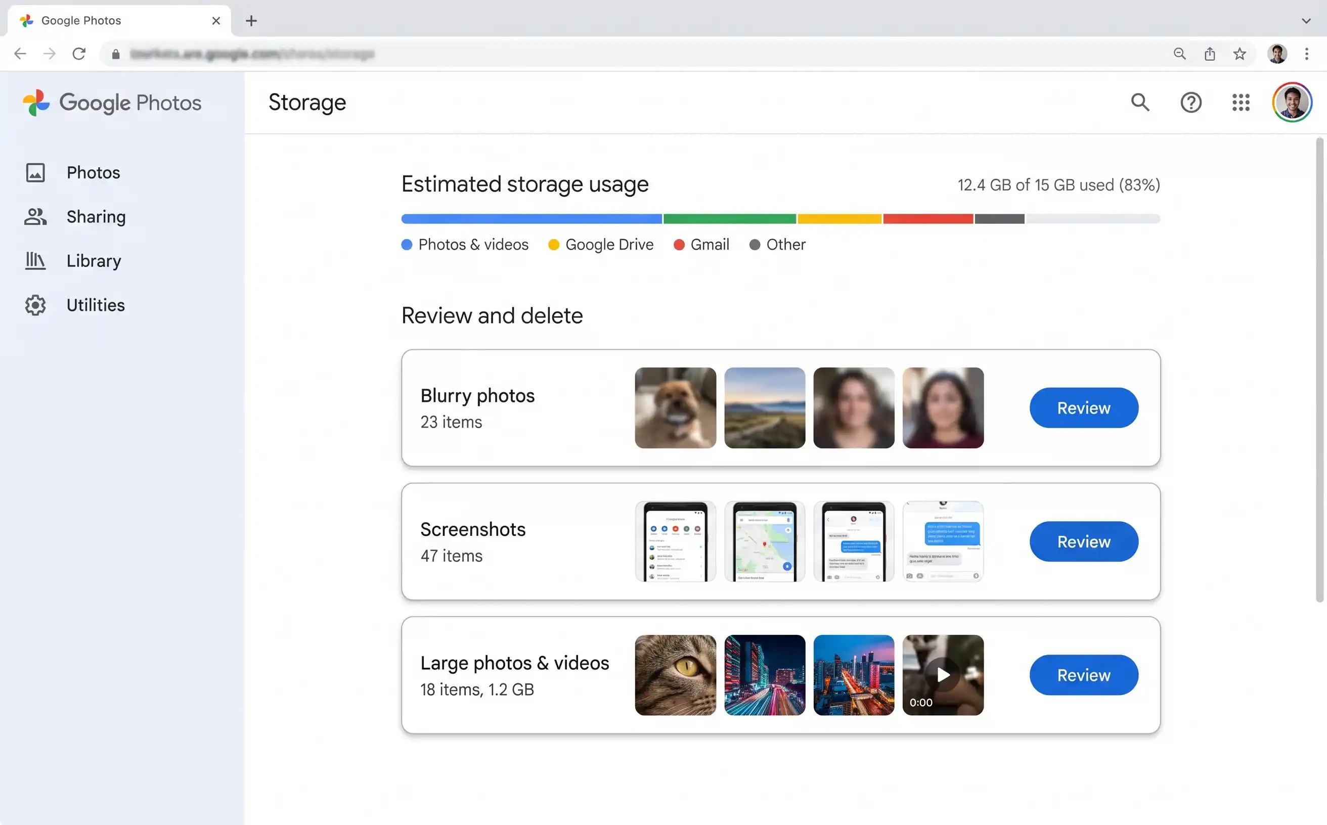 Google Photos storage management page showing categories for blurry photos, screenshots and large videos