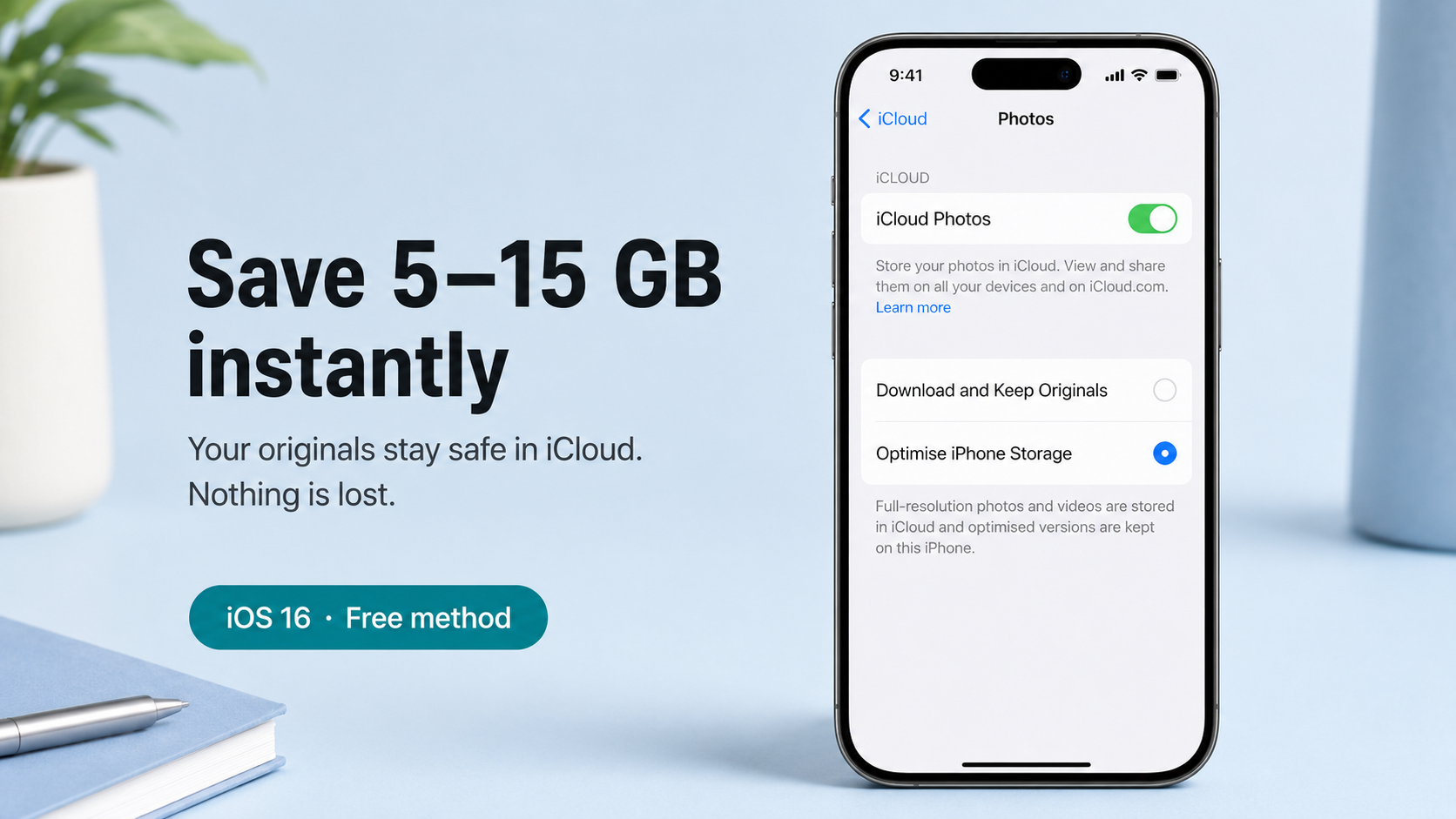 iPhone iCloud Photos settings screen showing Optimise iPhone Storage option selected