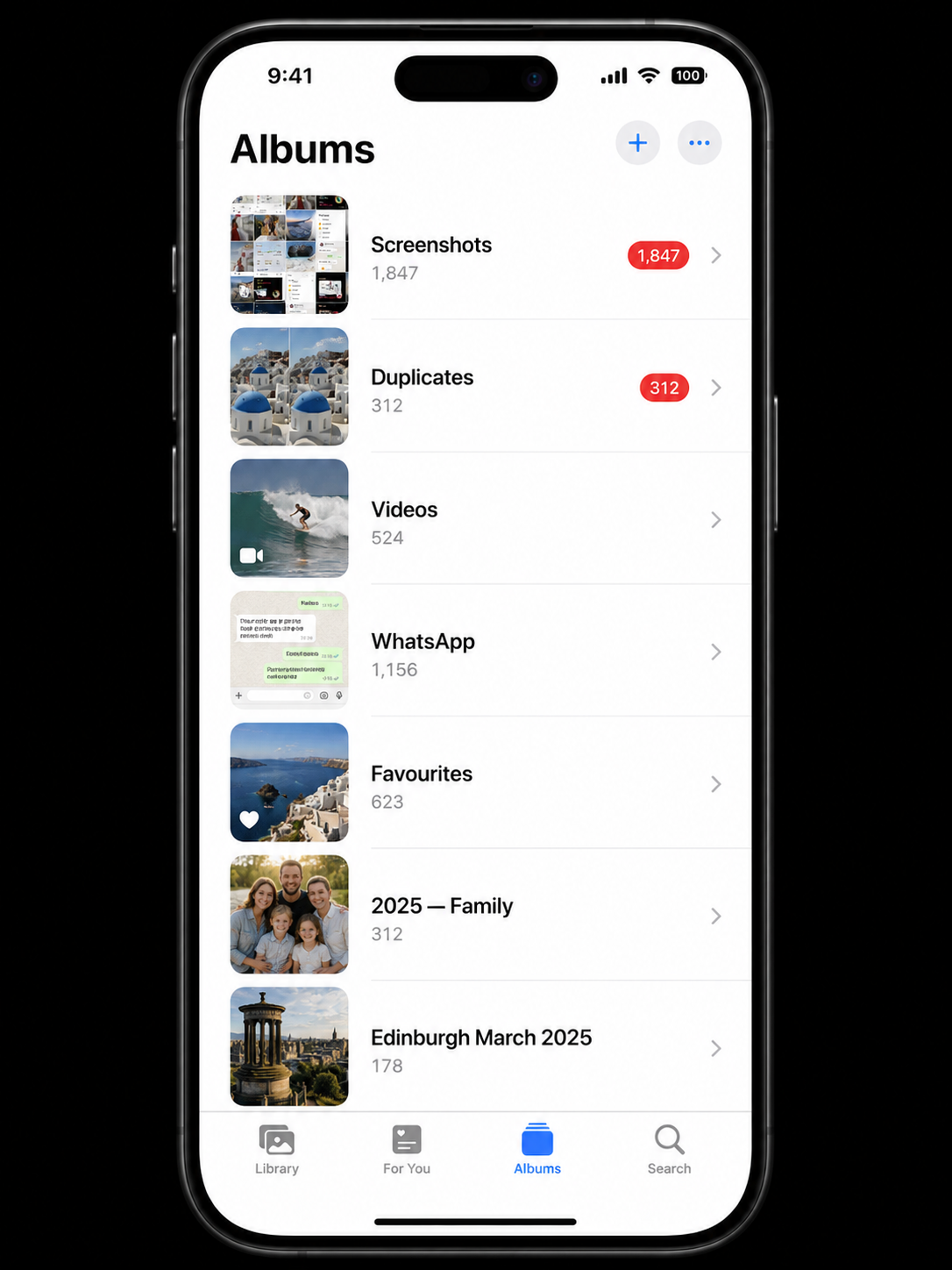 iPhone Albums view showing organised photo albums including Screenshots, Duplicates, Videos, and WhatsApp sections