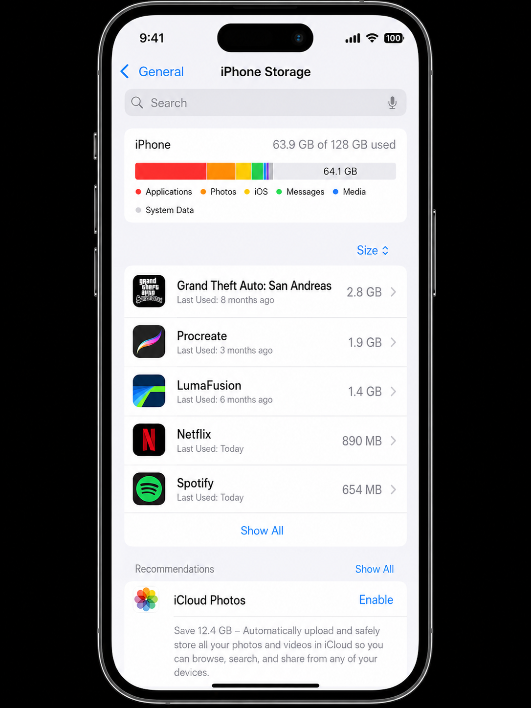 iPhone Storage settings screen showing a list of apps sorted by size — games and social media apps at the top taking 1–3 GB each