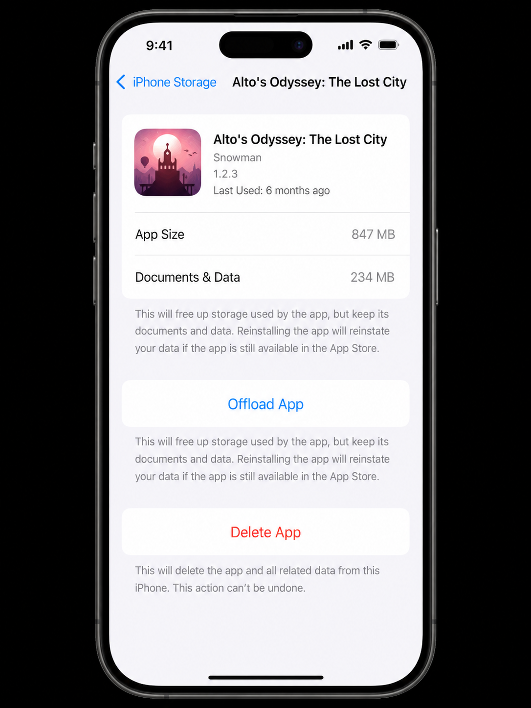 iPhone app storage detail screen showing App Size, Documents and Data, with Offload App and Delete App buttons