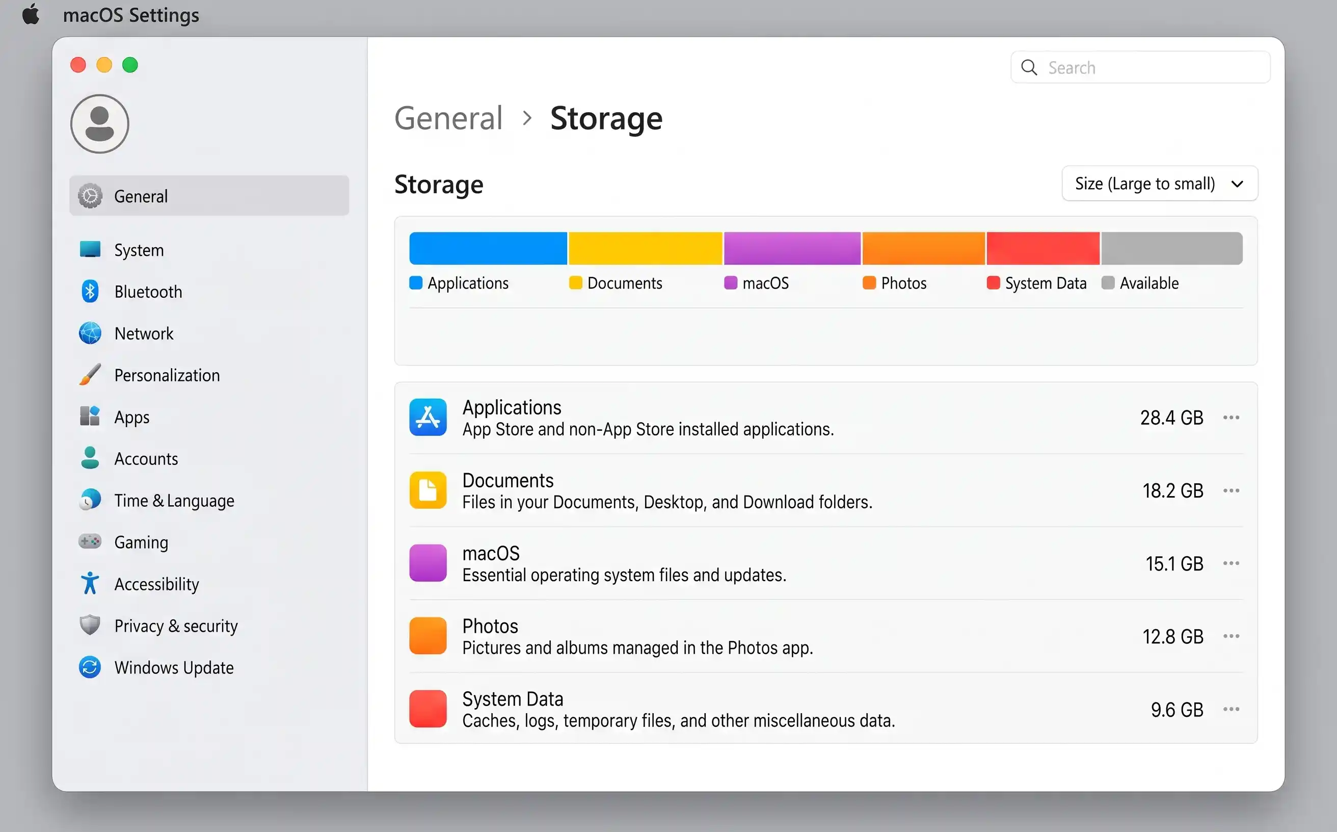 macOS System Settings showing Storage breakdown with colour-coded bar and category list