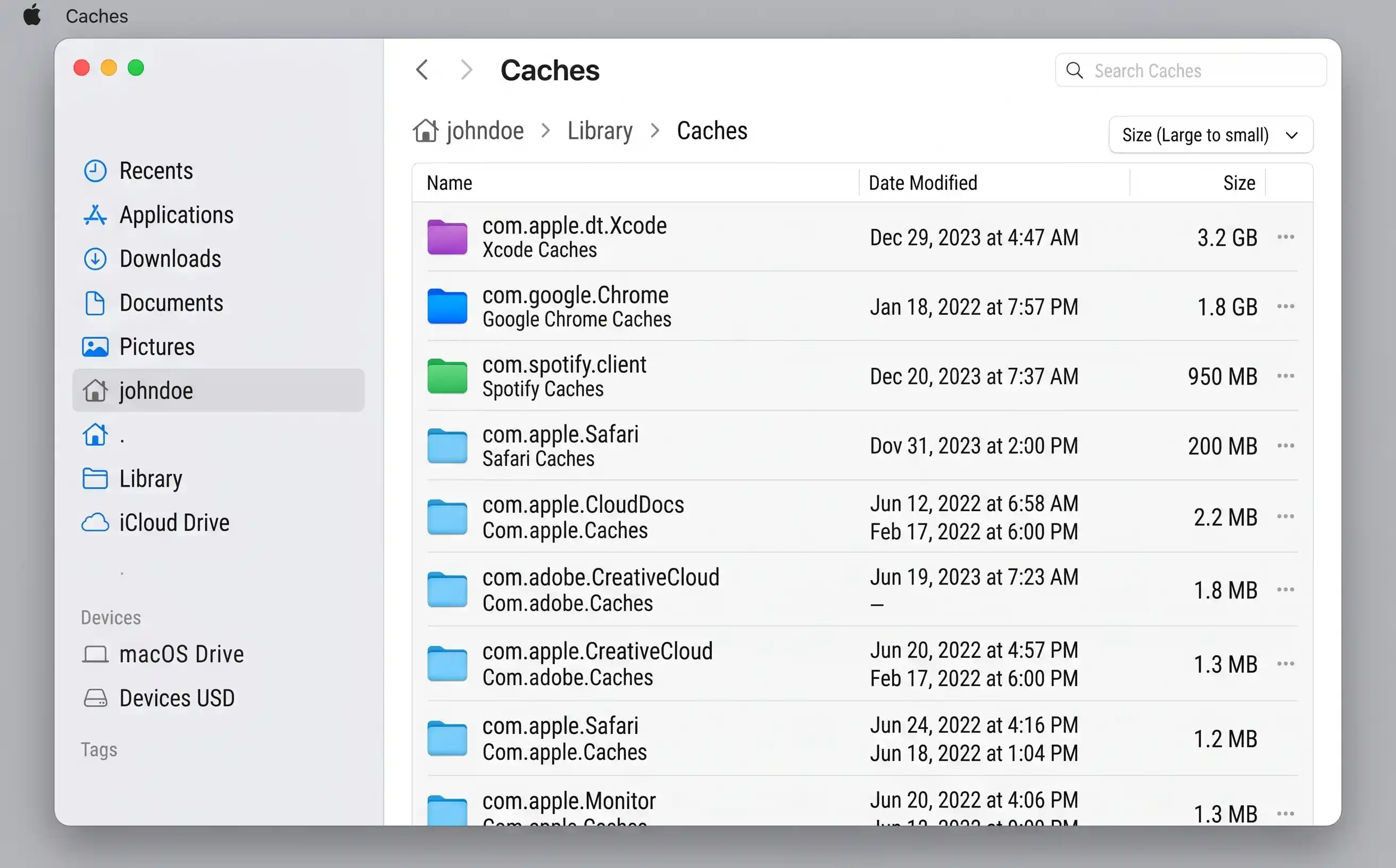 macOS Finder window showing ~/Library/Caches folder with large cache directories highlighted