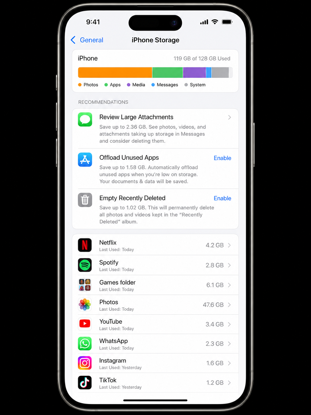 iPhone Storage settings screen showing a nearly full storage bar with colour-coded segments for Photos, Apps, and Media