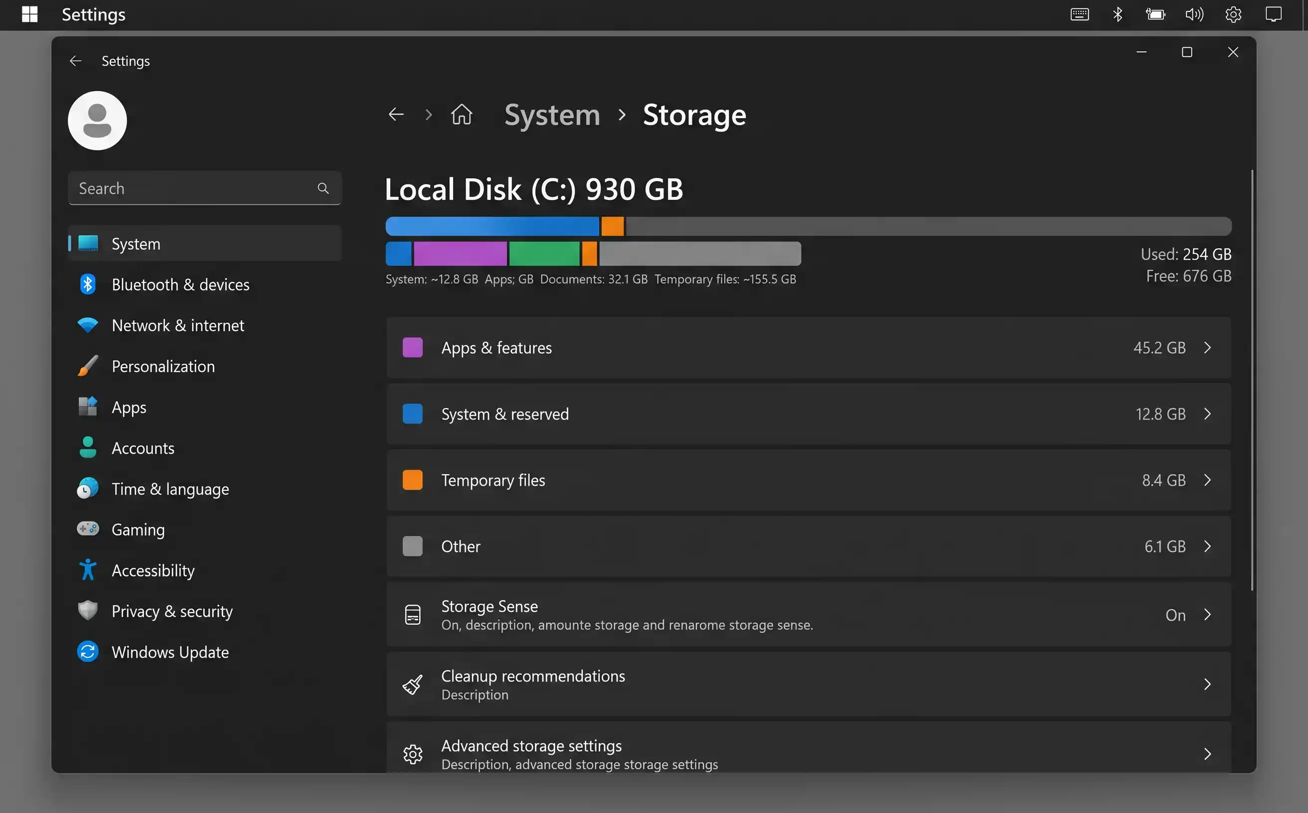Windows 11 Settings showing System Storage breakdown with coloured bar chart and category list