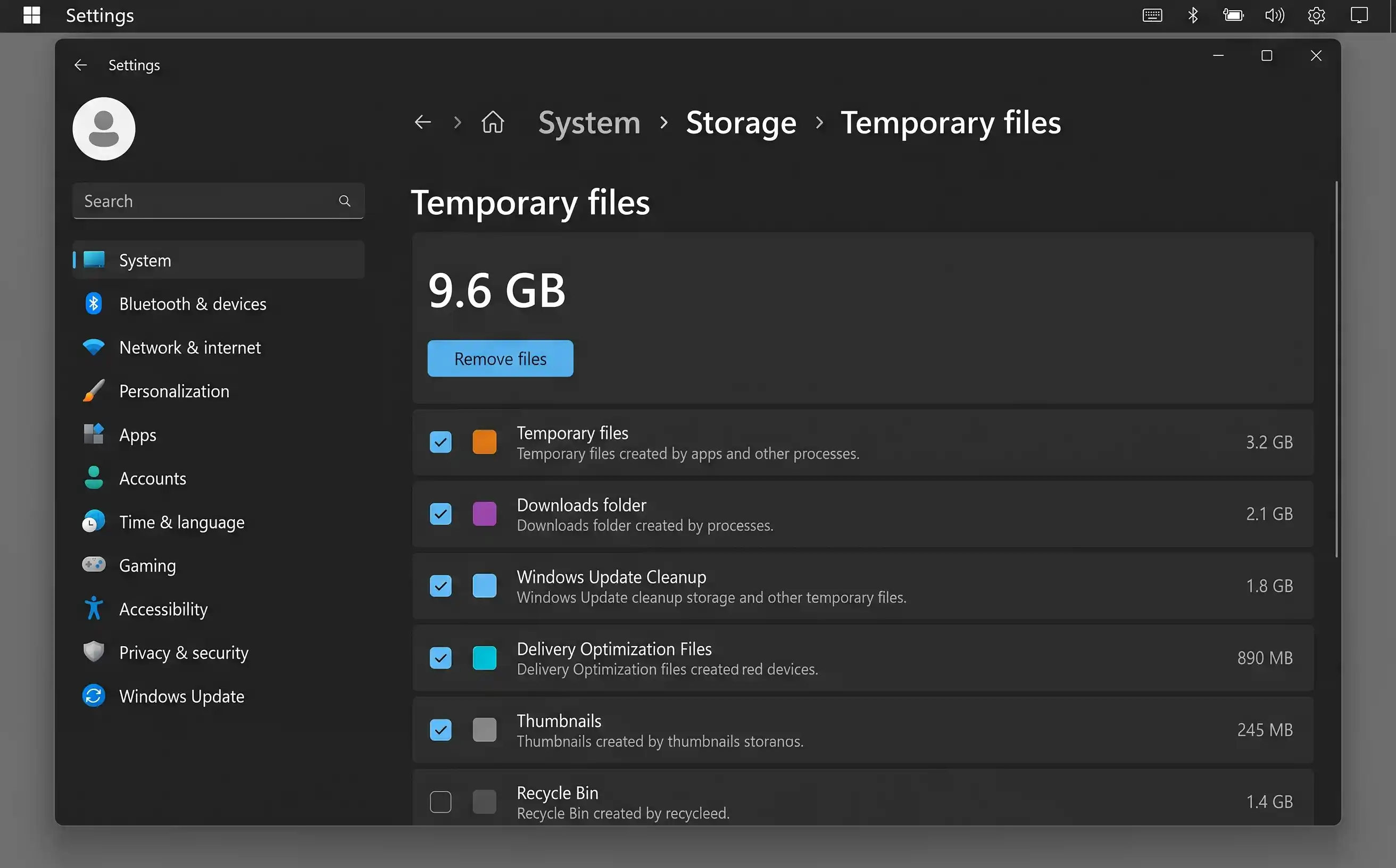 Windows 11 Settings Temporary Files screen showing categories with checkboxes and space used